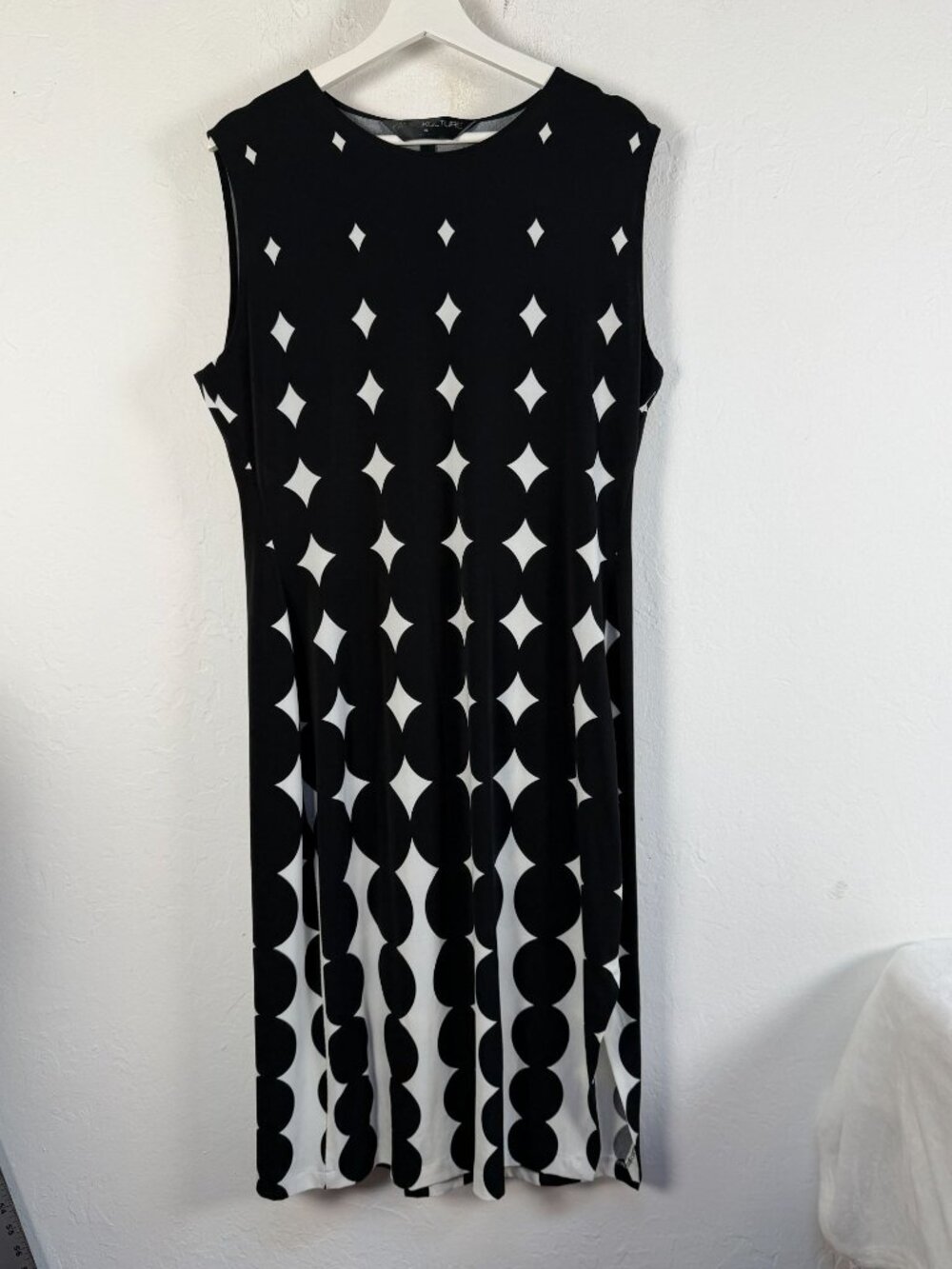 Kamalikulture Womens Black White Geometric Dots Midi Dress Side Slit XL Stretch
